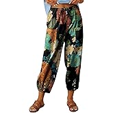 Women's Capri Pants High Waist Drawstring Cinch Bottom with Button Cotton Loose Casual Trouser with Pockets