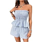 WDIRARA Women's 2 Piece Outfits Striped Shirred Ruffle Tube Top Shorts Set Vacation Outfits