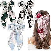 Large Hair Bow Clips for Women Girls, Big Floral Alligator Hair Ribbon Clip Long Black Ribbon Bows Large Bowknot Hair pin (black,blue,green flower)