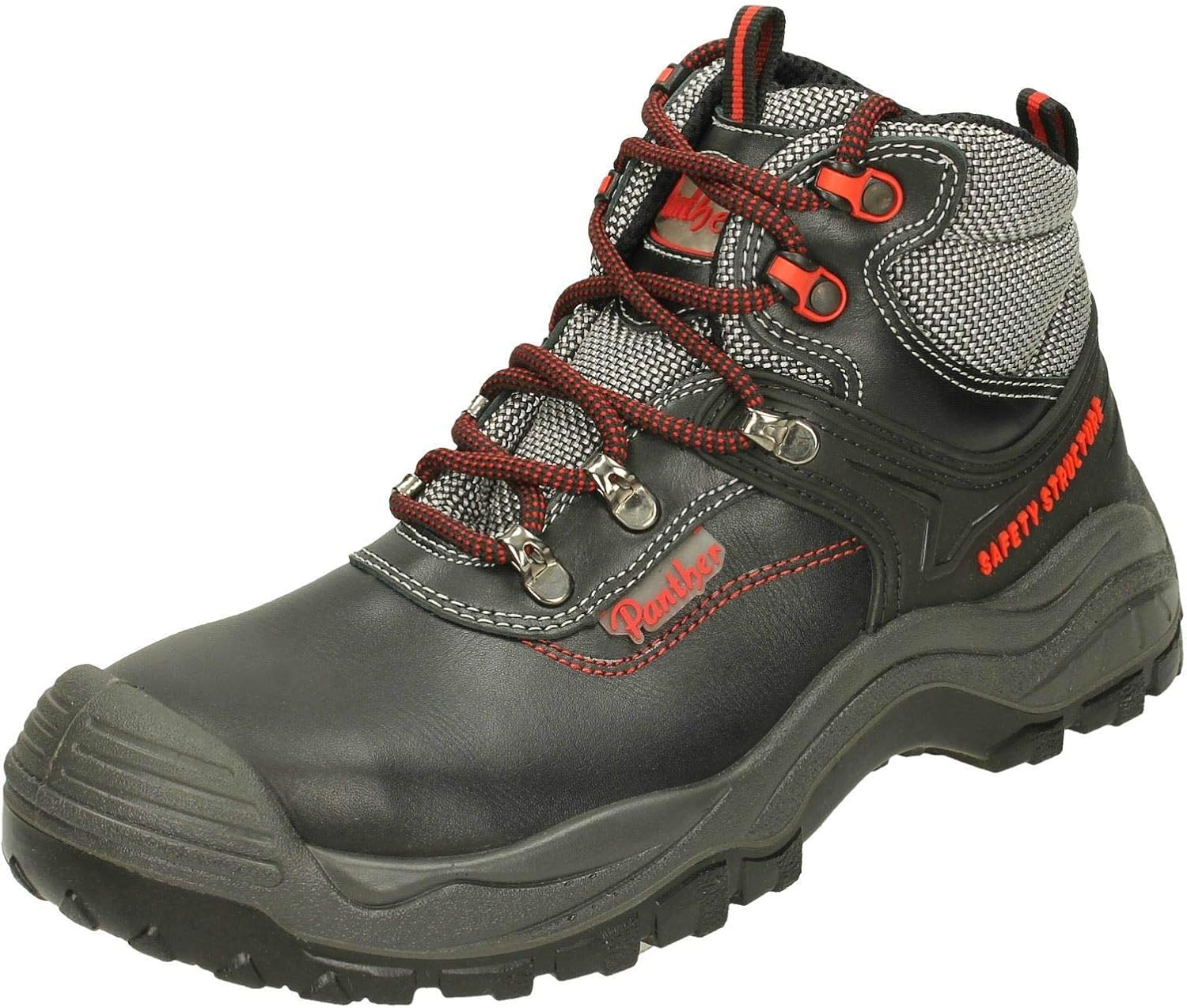 Panther Mens Steel Toe Cap Safety Work Boots Safhir Black/Silver/Red