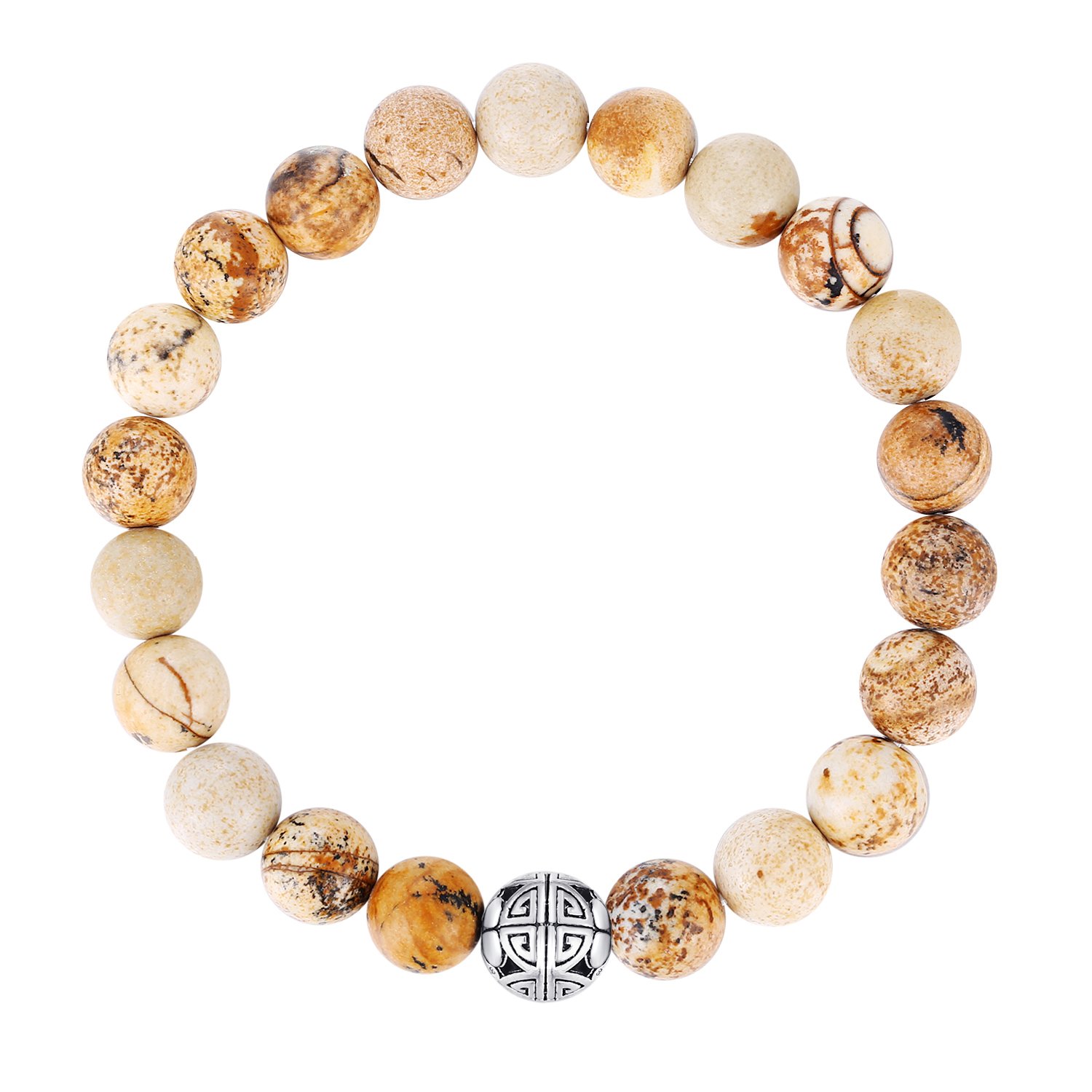 Natural 8mm Gemstones MetJakt Healing Crystal Stretch Beaded Bracelet Bangle with 925 Sterling Silver Double Happiness Pendant (Picasso Jasper) — image 1