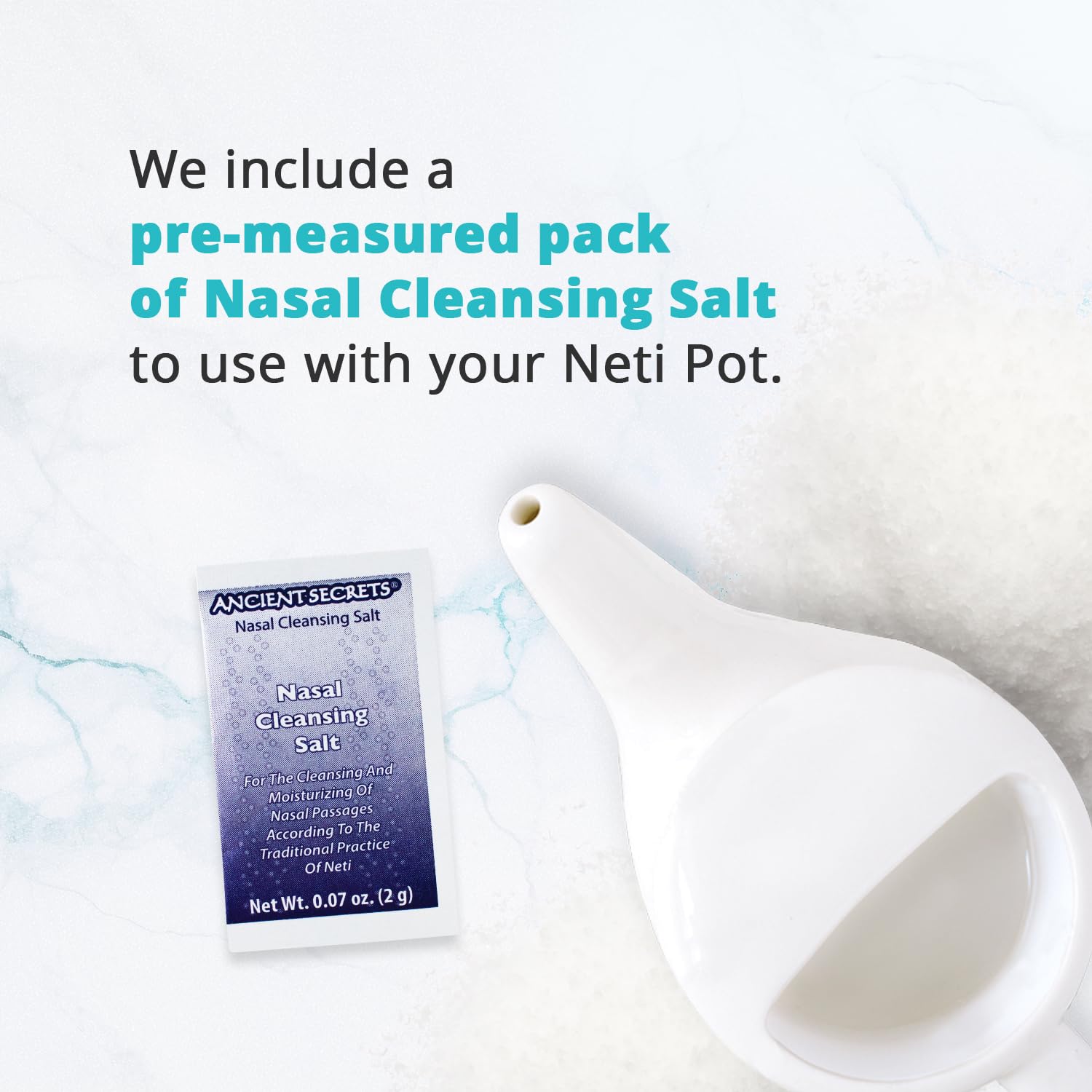 Ancient Secrets Nasal Cleansing Salt, Non-Iodized – USP-Grade Sodium Chloride for Any Neti Pot, Sinus Irrigation System, 10 Oz + Single-Use Travel Pack
