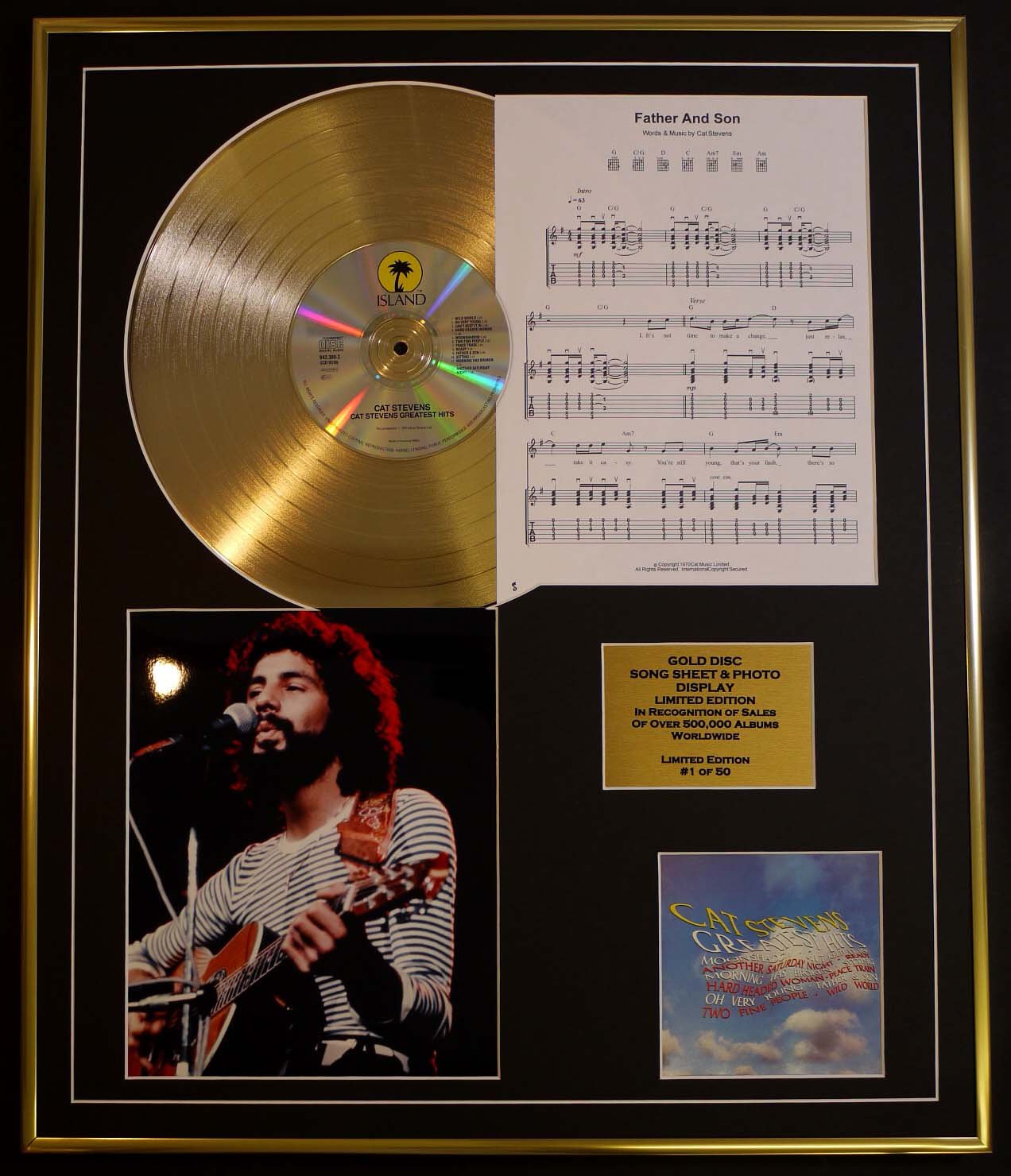 CAT STEVENS/CD GOLD DISC, SONG SHEET & PHOTO DISPLAY/LTD. EDITION/COA/ALBUM, GREATEST HITS/SONG SHEET, FATHER & SON