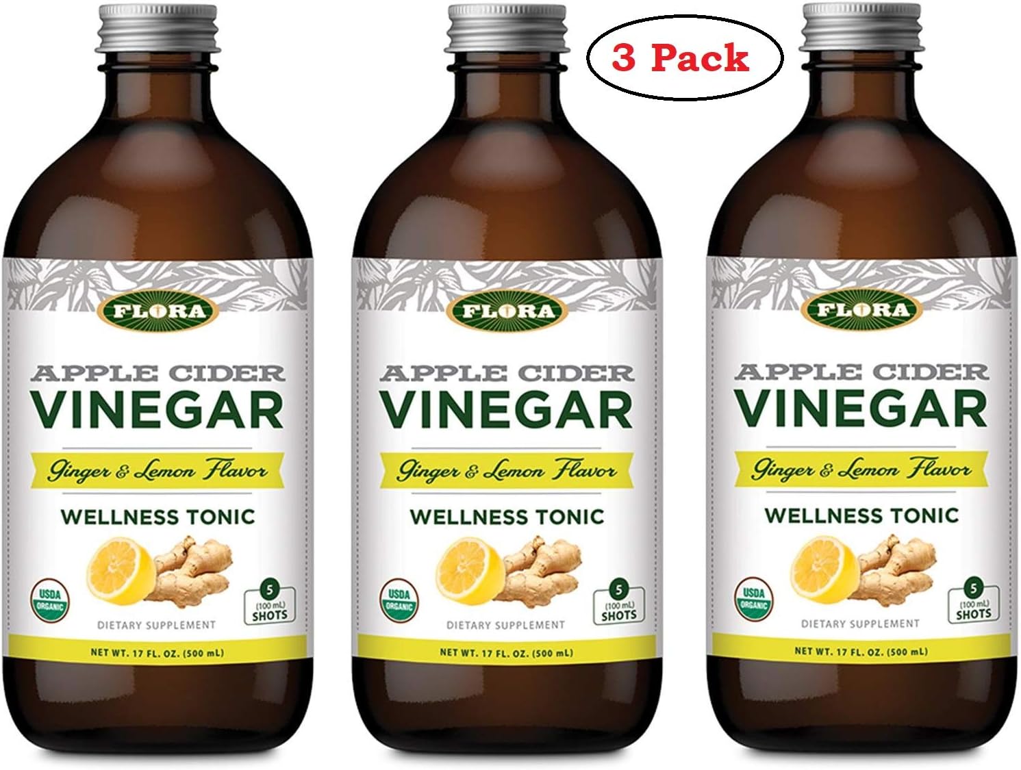 LARGE Organic Apple Cider Vinegar with Ginger & Lemon Herbs 17 Oz (Pack of 3) -  by Flora