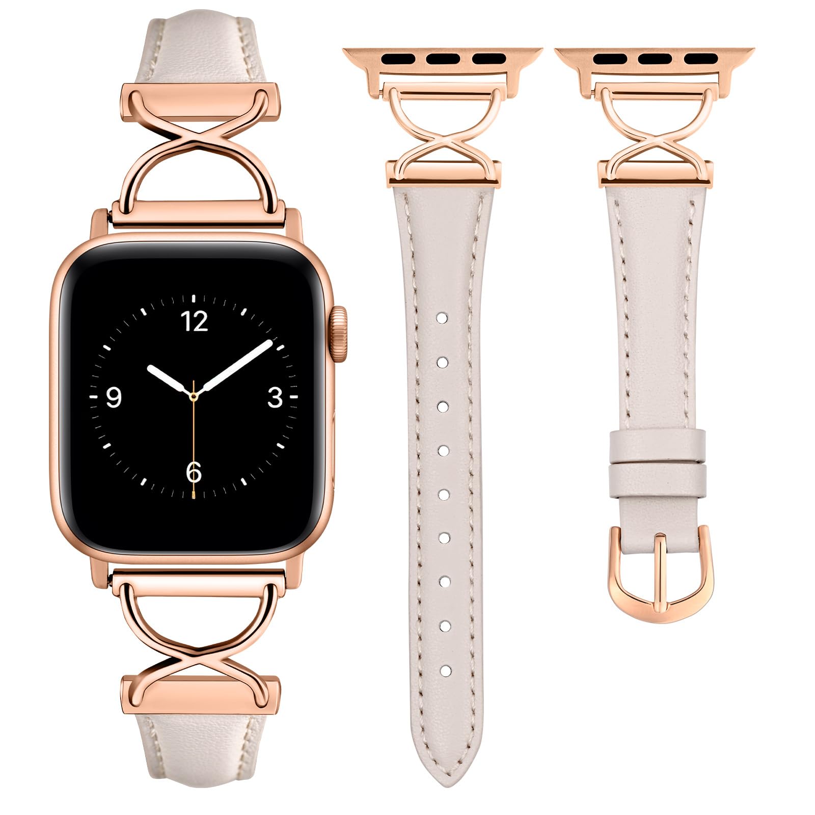 Wearlizer Leather Strap Compatible with Apple Watch Straps 41/40/ 38/49/46/45/44/42mm Women, Dressy Design Leather Strap for iWatch Ultra SE Series 11 10 9 8 7 6 5 4 3 2 1 Starlight/Rose Gold Buckle