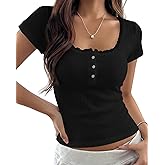 AKLOPVII Women Y2K Short Sleeve Button Up Lace Patchwork Crop Tshirt Tops Slim Fit Scoop Neck Henley Summer Girl Tee