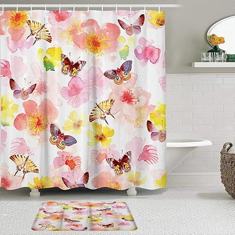 MEJX 2-teiliges Duschvorhangset mit Rutschfester Badematte,Rosa