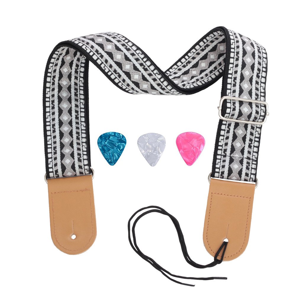 Rufun Guitar Strap Retro Adjustable Jacquard Weave Vintage Accessory for Basse Electric Acoustic Guitar, 3 Picks Included (Black)