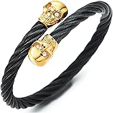 COOLSTEELANDBEYOND Elastic Mens Women CZ Eyes Skull Bangle Bracelet Steel Twisted Cable Cuff Bracelet, Gold Black