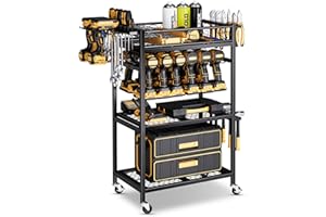 FHXZH Power Tool Organizer with Wheels - 12 Cordless Drill Holder Rolling Tool Cart, 4 Layer Heavy Duty Metal Garage Storage Shelving for Drill, Workshop and Garage Organization Gift Ideas for Men Dad