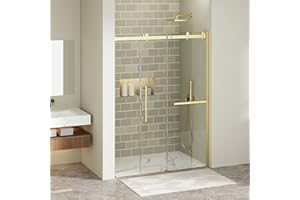 Findepot 56-60" W x 75" H Frameless Sliding Shower Door, Shower Glass Door with 1/4" Thick Tempered Glass, Explosion-Proof Film, Easy to Clean, Brushed Gold