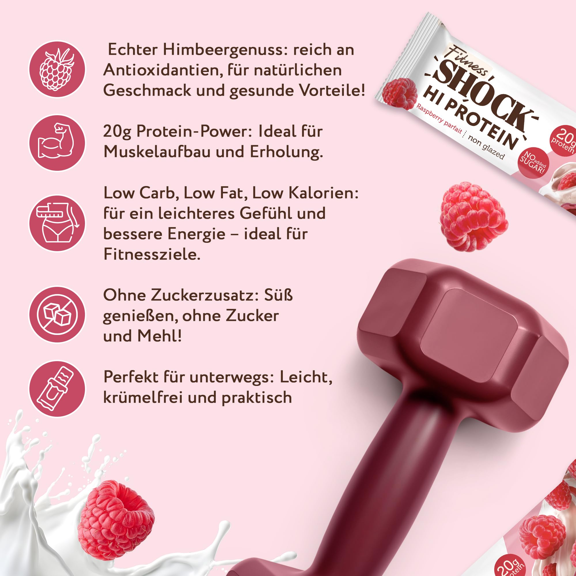 FitnesSHOCK High Proteinriegel Set mit hohem 20g Proteingehalt Eiweißriegel ohne Zuckerzusatz kalorienarm low carb ballaststoffreich Himbeere-Parfait Geschmack 12Stk 60g 5