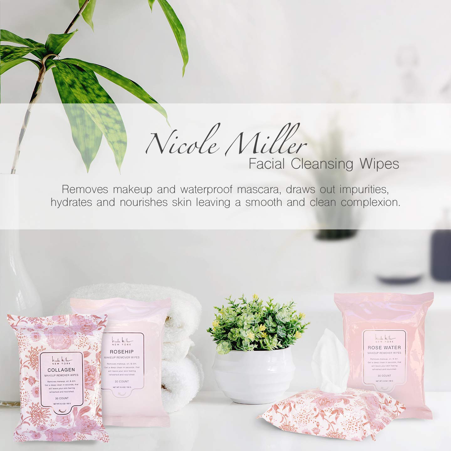 Nicole Miller 4 Pack Facial Cleansing Wipes (30 Count Each), 120 Facial Cleansing Cloths, Removes Makeup, Mascara, Dirt and Oil (Sweet Jasmine, Rose Gardenia, Pink Grapefruit & Island Coconut): Beauty