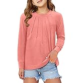 storeofbaby Girls Long Sleeve Shirts Casual Front Pleats Tops Round Neck Blouses 4-14 Years