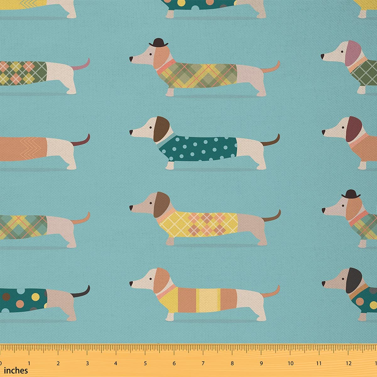 Cartoon Dachshunds Fabric by The Yard Cute Sausage Dog Winter Theme Upholstery Fabric for Home DIY Projects Dots Grids Stripes Sweaters Decorative Waterproof Outdoor Fabric 2 Yards (L184*W150cm)