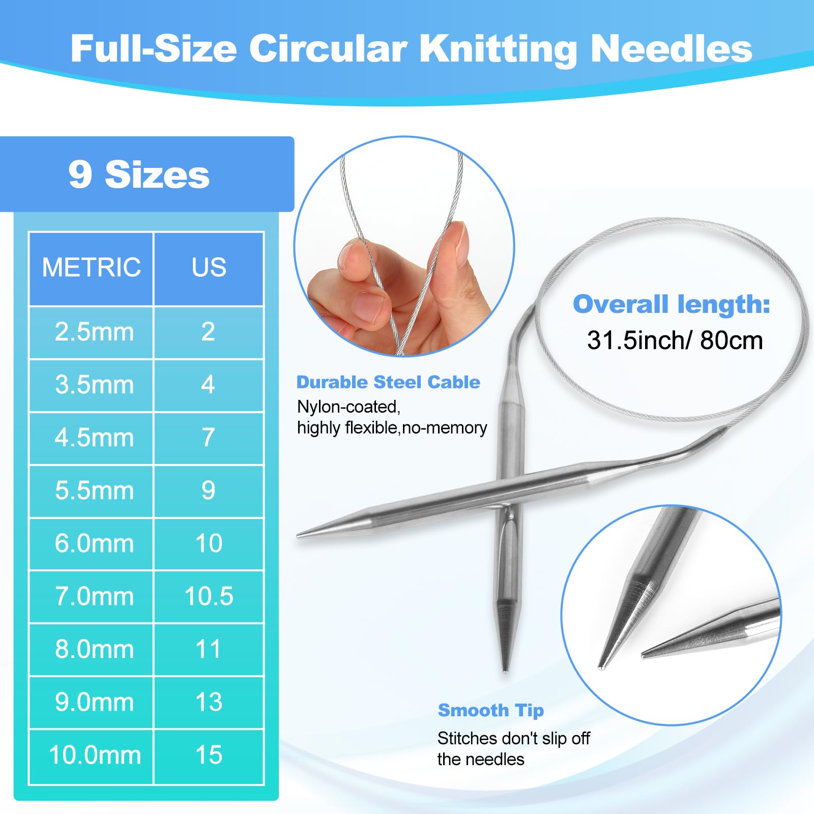 Katech Knitting Needles Set for Beginners, 9 Pairs Circular Knitting Needles Set and 22 Pcs Single Pointed Knitting Needle Set with Tote Bag Knitting Accessories Knit Supplies