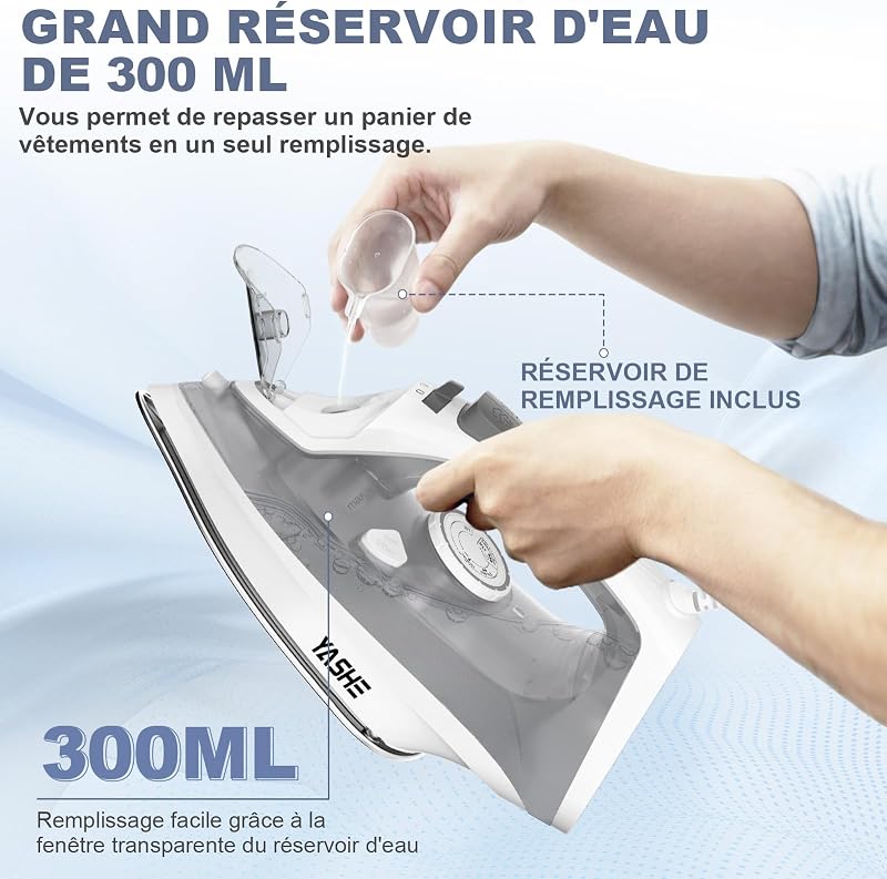 Fer à Repasser 2300 W avec Semelle Antiadhésive à Chauffage Rapide, Réservoir 300 ml, Débit de Vapeur Continu de 25 g/min, Fonction Pressing de 150 g/min, Autonettoyant, Anti-goutte
