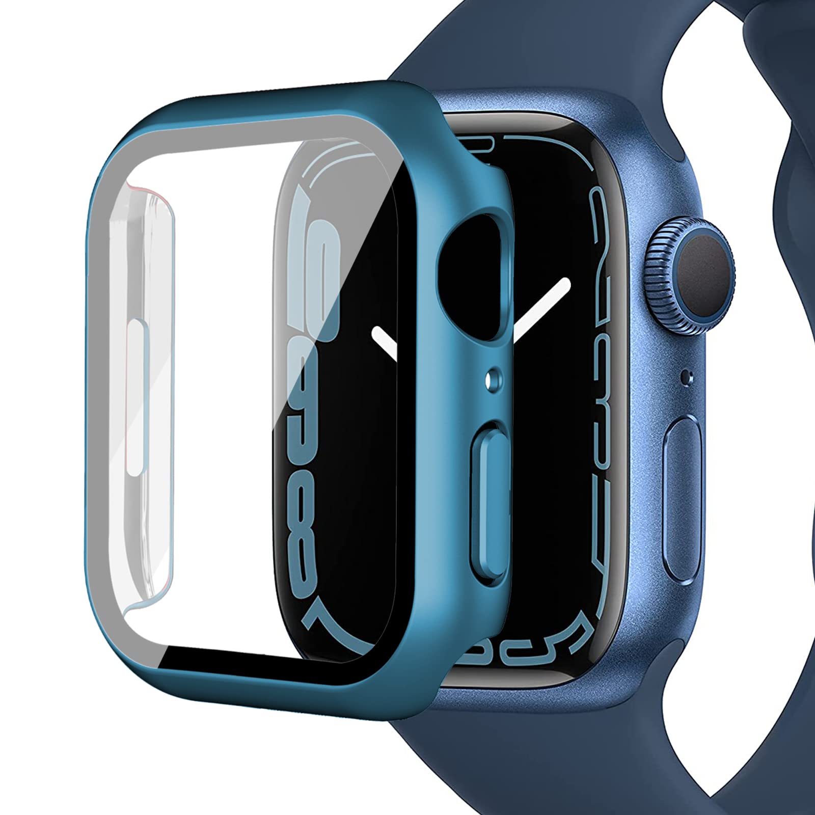 Miimall Case Compatible with Apple Watch Series 9 8 7 41mm Tempered Glass Screen Protector, Ultra-Thin Hard PC Shockproof All-Around Bumper Shell Protective Cover for iWatch Series 9 41mm-Blue