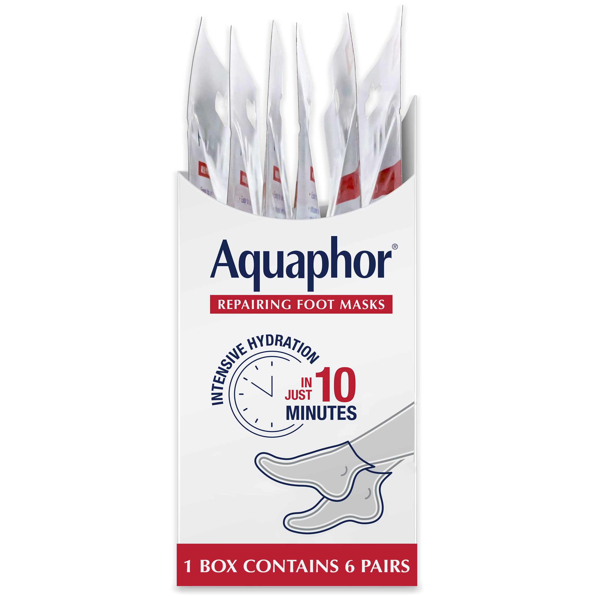 Aquaphor Repairing Foot Masks, Moisturizing Socks for Dry Feet, Hydrating Foot Care Treatment with Avocado Oil and Shea Butter, Pack of 6