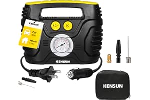 Kensun Portable Air Compressor Pump for Car 12V DC and Home 110V AC Swift Performance Tire Inflator 100 PSI for Car - Bicycle - Motorcycle - Basketball and Others with Analog Pressure Gauge (AC/DC)