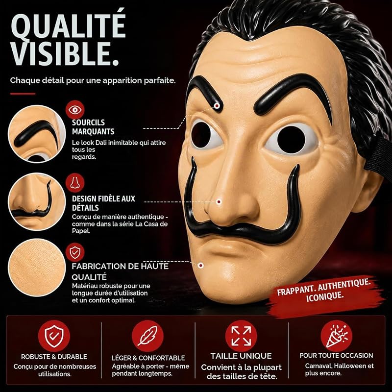 1x Salvador Dali Masque Costume - House of Money déguisement casa del papel Bella Ciao House connu de House of Money - Carnaval, Mardi gras, Halloween — photo 7 sur 8