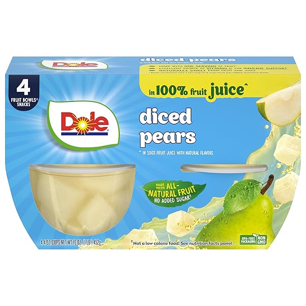 DOLE DICED PEARS IN 100% JUICE^ – DOLE FRUIT BOWLS SNACKS – 4 OZ FRUIT BOWLS – 4 PACK