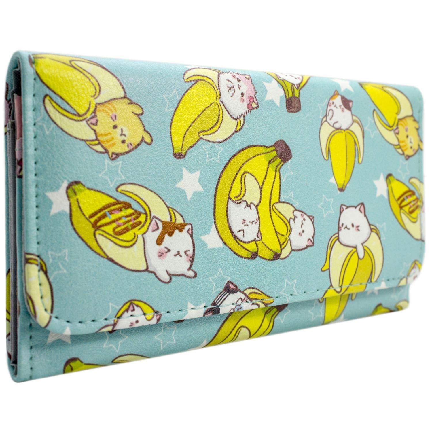 Bananya Cat Anime Fruit-Tastic Peel Out Banana Cat Purse Tri-Fold Coin Pocket & Card Holder, Blue