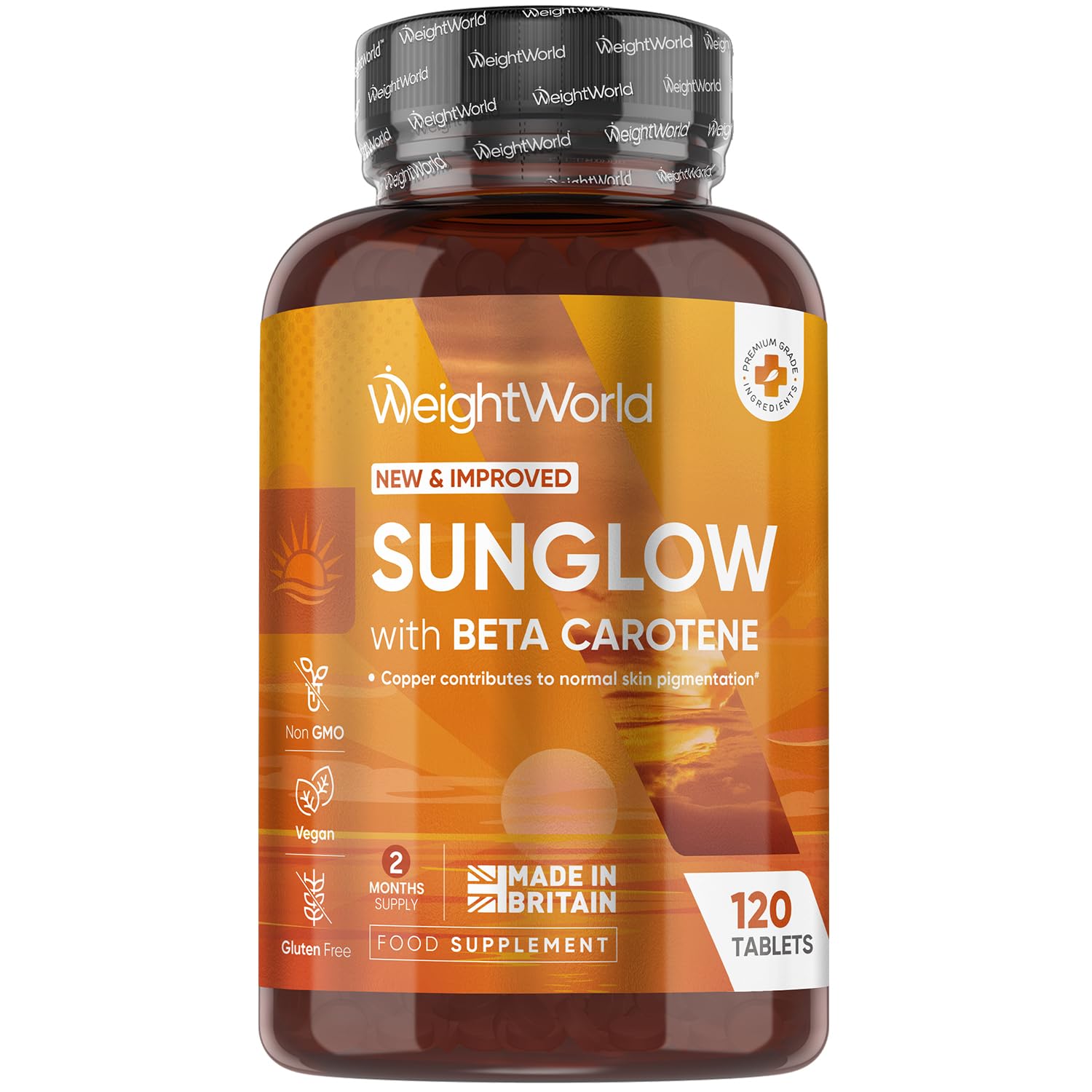 Tanning Tablets - 120 Sunglow Tablets - Beta Carotene Tanning with Vitamin B2 & B3, Zinc, Copper & Iodine - Gluten-Free & Non-GMO - Made in The UK