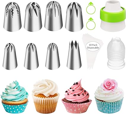 Amazon Ouddy ケーキデコレーションアイシングパイピングチップセット 特大デコレーションチップセット カップケーキクッキー用 ステンレススチールフロスティングチップ8個 カプラー2個 使い捨て絞り袋10個 ケーキ愛好家向け Ouddy 口金 通販