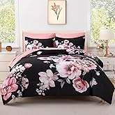 Floral Comforters Queen Size 7 Pieces Botanical Black and Pink Comforter Set Ulter Soft Microfiber Bedding Set, Lightweight Bed Comforter Set with Sheets for All Season (Black, Queen)