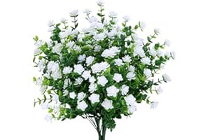TEMCHY 4 Bundles Outdoor Artificial Fake Flowers No Fade UV Resistant Faux Plastic Plants for Hanging Planter Patio Yard Wedding Indoor Home Kitchen Farmhouse Décor (White)