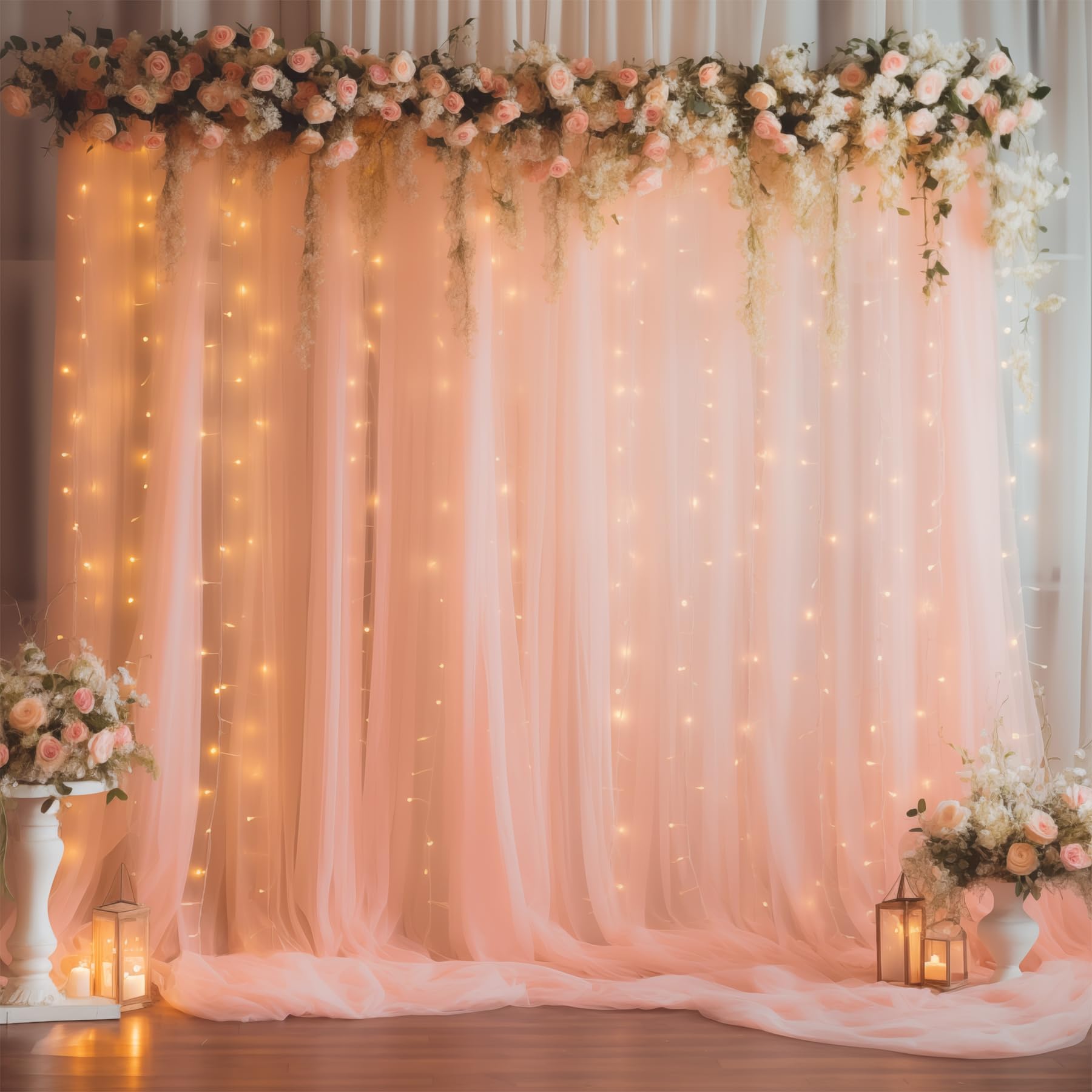 Photo 1 of 10ft x 10ft Peach Backdrop Curtain Panels with Lights String for Parties, Sheer Tulle Wedding Photo Backdrops Drapes for Baby Shower Birthday Party Decorations Background for Photography