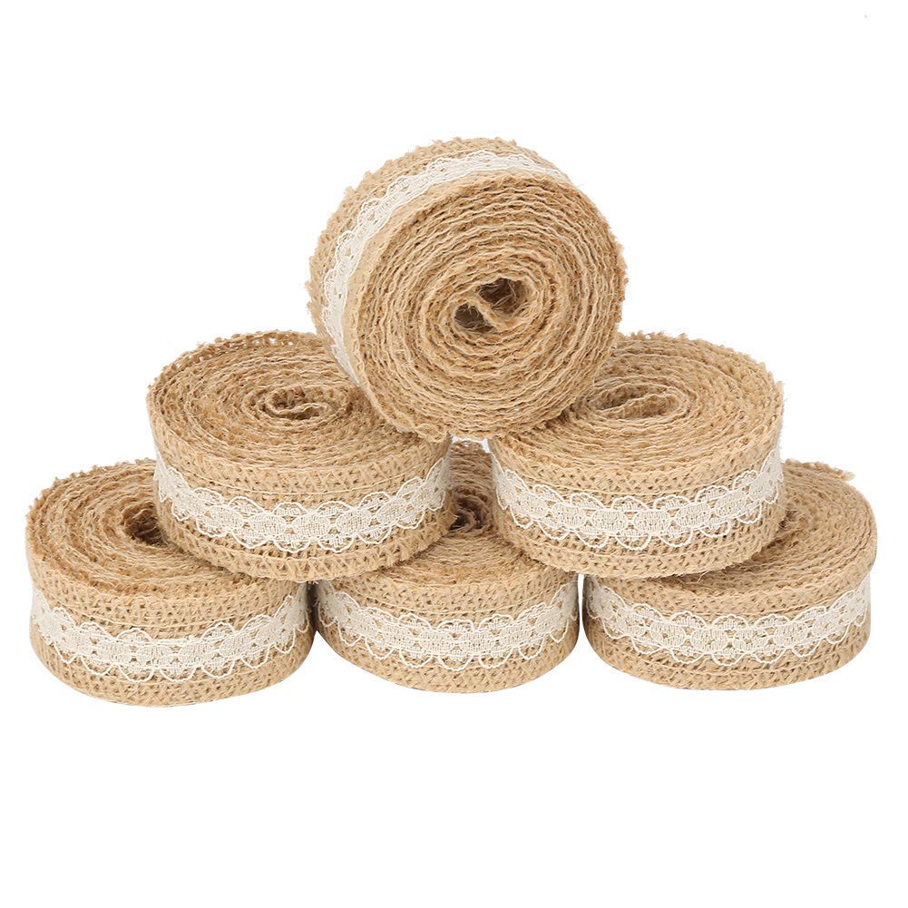 6pcs 2M/Roll White Burlap Lace Ribbon Lace Ribbon Rolls Hessian Jute Ribbon for Wedding Decoration Craft