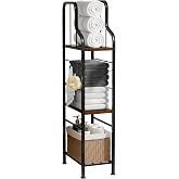 SWTYMIKI Narrow Towel Storage for Bathroom - 3-Tier Towel Rack Organizer with Wood Shelves, Freestanding Bathroom Rack, 60 lb Capacity with 4 S-Hooks for Small Bath, Laundry, Pool, Apartment