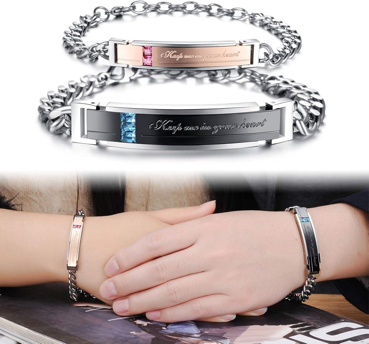 Cupimatch 2pcs Couple Bracelets Stainless Steel Loving Bangle Bracelet Matching Bracelet Best Friend Jewelry ((Keep me in your heart) black gold) - Image 3