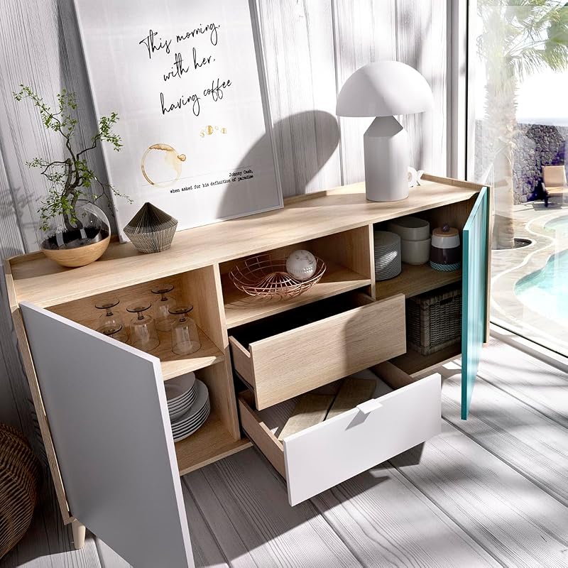 NOVA - APARADOR DE 2 PORTAS COM 2 GAVETAS COM ARRUMAÇÃO -75X155X43 cm - BRANCO / NATURAL / CINZENTO / ESMERALDA