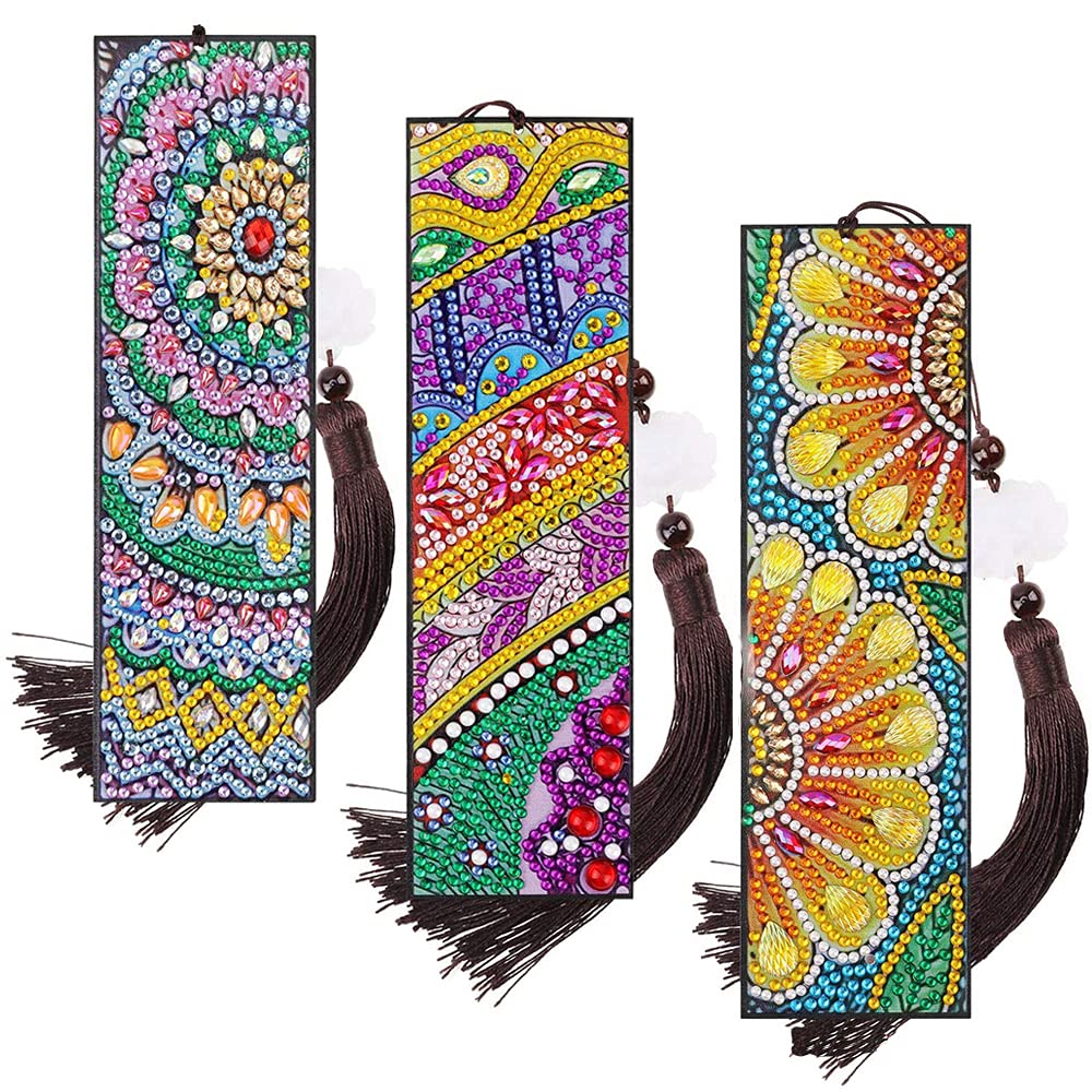 5D Diamond Painting Bookmark, 3 Pieces Diamond Tassel Leather Bookmark, 5D Leather Tassel Bookmark, DIY Diamond Bookmark, for Adults Beginners DIY Beaded Bookmarks Art Craft Supplies