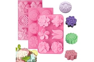 ROTATE COLOR Silicone Soap Molds, different Cavities Soap Mold with Different Shapes, Perfect for Soap Making, Handmade Cake Chocolate Desserts Biscuit Pudding Teacake Jelly （3 Pack - Flower）