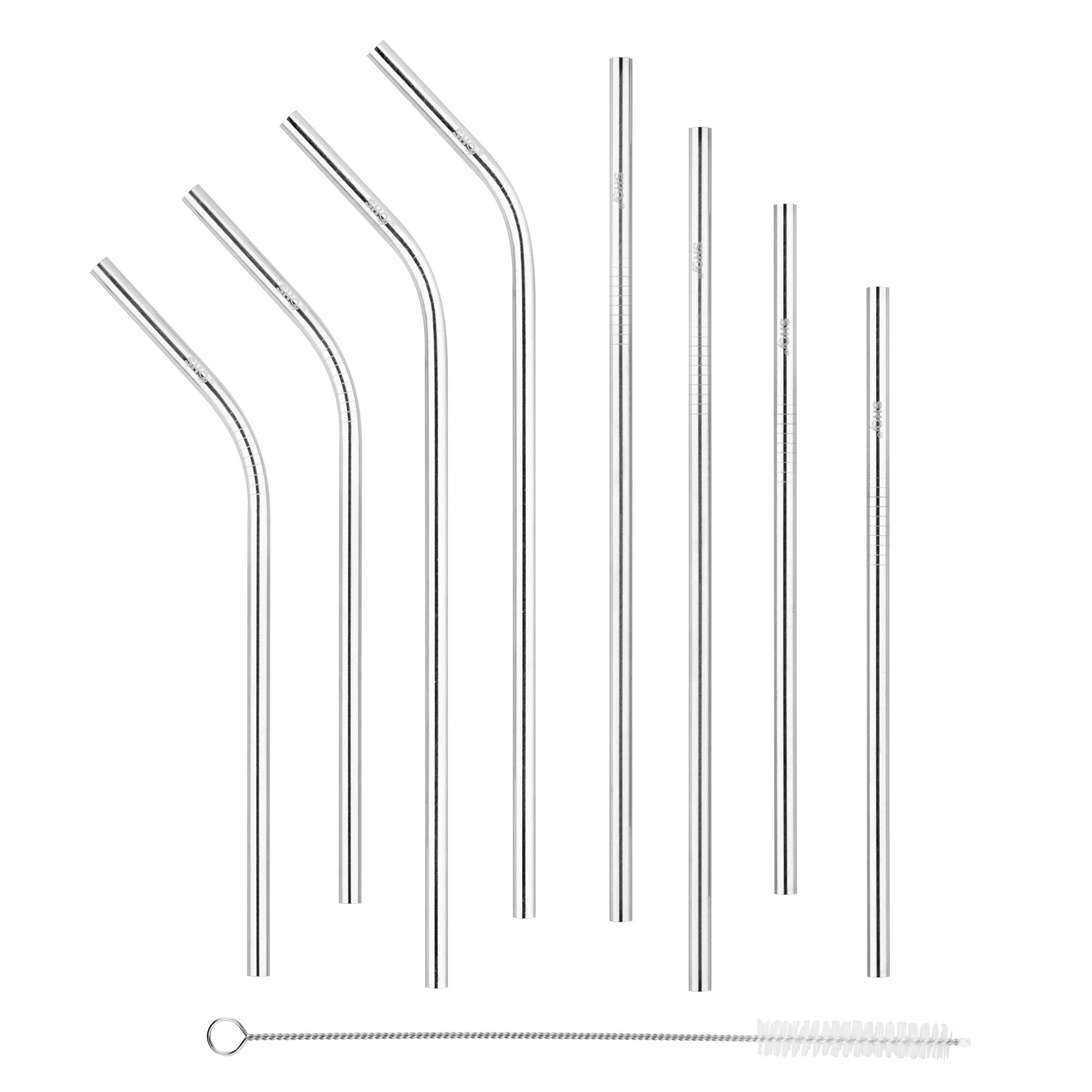 SHO Reusable Premium Stainless Steel 8 Set Metal Straws - 4 Bent, 4 Straight, 1 Cleaner, Multiple Sizes - 22.8cm (9"), 18.3cm (7.5"), 22.5cm (8.8"), 18cm (7.1") - Drinking Straw, Case Included