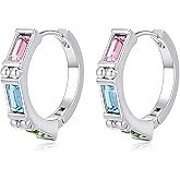Austrian Crystal Baguette Hoop Earrings for Women 14K White Gold Plated Hypoallergenic Huggie Earrings Trendy Jewelry Gift