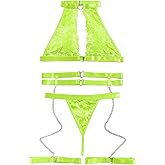 Foxiny Sexy Halter Heart Ring Cutout Chain Floral Lace Sheer Garter Belt Lingerie Set 3 Piece