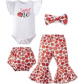 WENSIVIA Baby Girls First Birthday Outfits Cow Sweet One Doughnut Strawberry Romper Flared Pants with Headband 4PCS Set