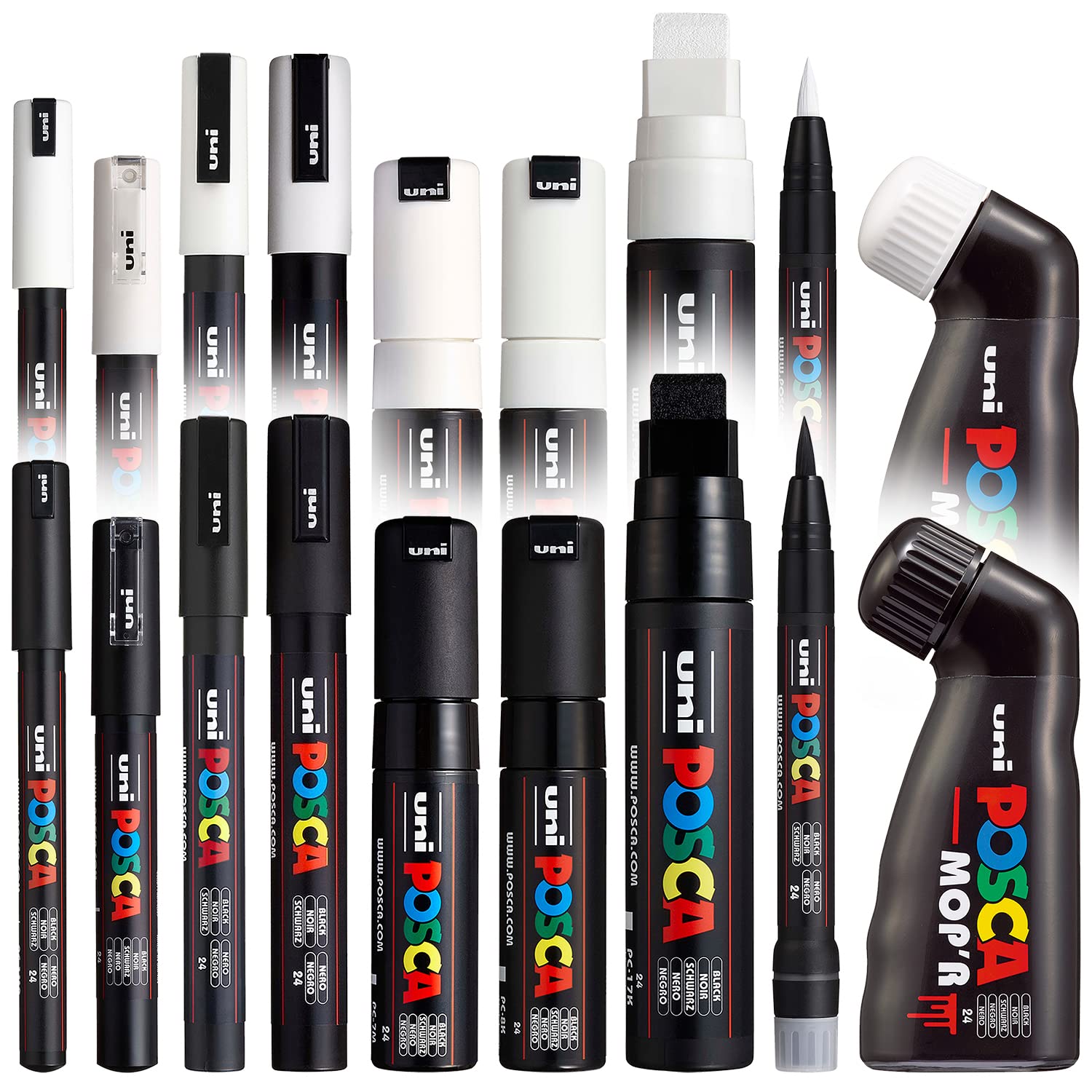 Posca Water Based Permanent Marker Paint Pen - Multi Surface Use - MOP'R, PCF-350, PC-17K, PC-8K, PC-7M, PC-5M, PC-3M, PC-1M, PC-1MR (Black & White Set of 18)