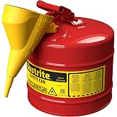 Justrite Type I Gasoline Safety Can, Red Galvanized Steel, Made in the USA | Flammable Liquid Storage Can with Funnel, Self-Closing Lid, 5 Gallon Capacity, Flame Arrester, FM Approved, OSHA, NFPA