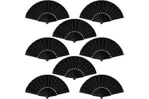 durony 8 Pieces Handheld Folding Fan Nylon Cloth Chinese Fans with Plastic Handle Decorative Folding Fans for Party, Wedding Gifts, Home Decoration, Black