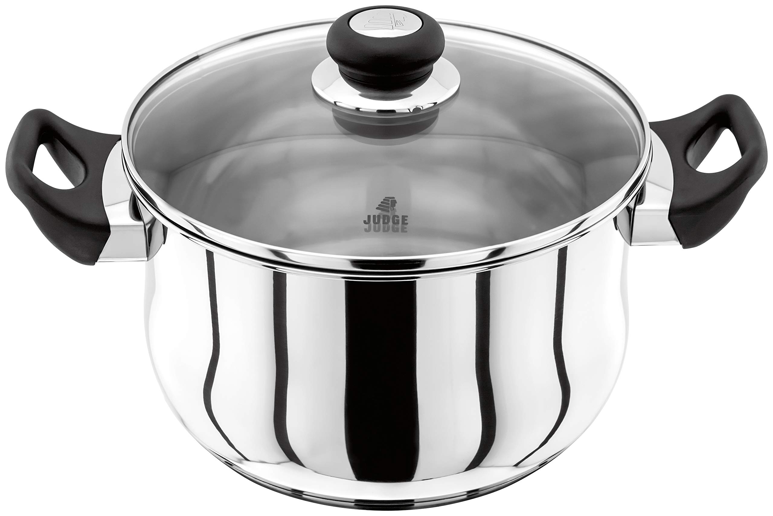 Judge Vista Stainless Steel Extra Large Stockpot with Twin Handles 24cm, 5L, Shatterproof Vented Glass Lid, Induction Ready, Oven Safe