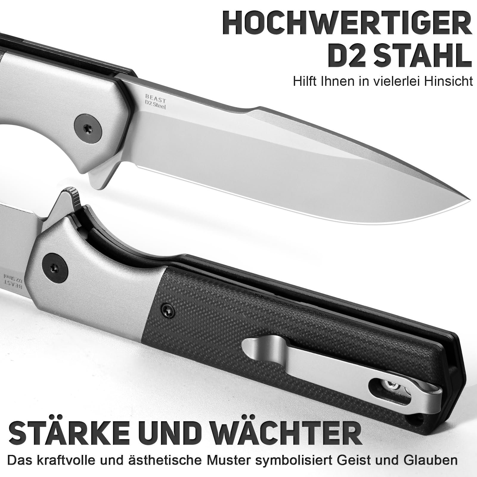 NedFoss BEAST Klappmesser, Klingenlänge 10cm aus D2 Stahl Taschenmesser mit G10 Griff, Einhandmesser mit Liner Lock & Kugellager, Outdoor Messer mit Clip, Survival Messer für Sammlung & Geschenk 4