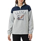 ZAFUL Women's Oversized Quarter-Zip Sweatshirt Alaska Eagle Letter Colorblock Fleece-Lined Pullover Vintage Raglan Hoodie