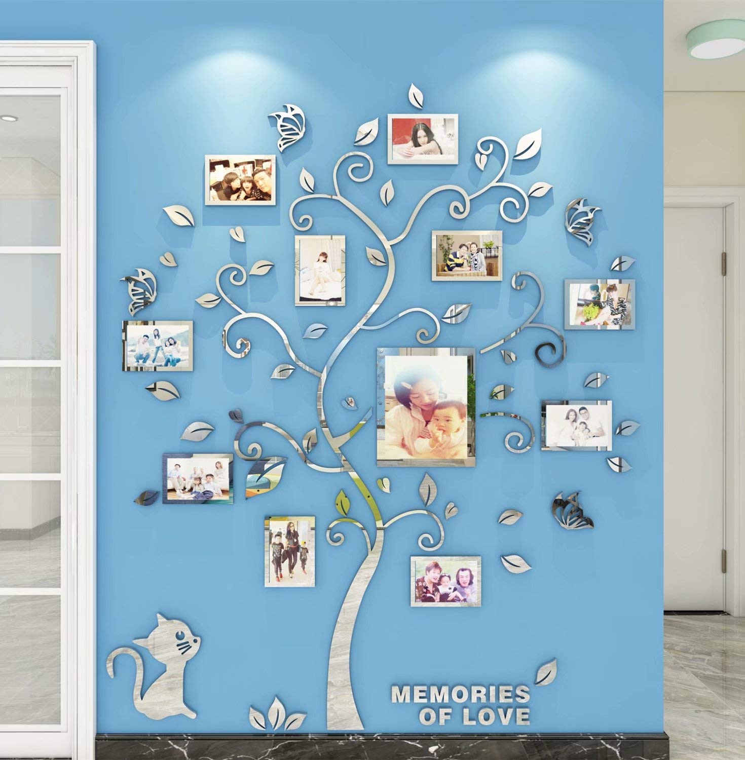 3D Tree Wall Stickers DIY Large Family Photo Frames Tree Cat Wall Decal Art Murals Tree Sticker for Living Room Bedroom Restaurant Home Decor(Silver,M: 160 * 132cm)