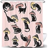 MERCHR Cute Funny Cat Mushroom Shower Curtain for Bathroom, Aesthetic Unique Fun Hilarious Pink Art Fabric Shower Curtains Set, 70s 80s Kids Restroom Decor Accessories with Hooks 72X72 Inch